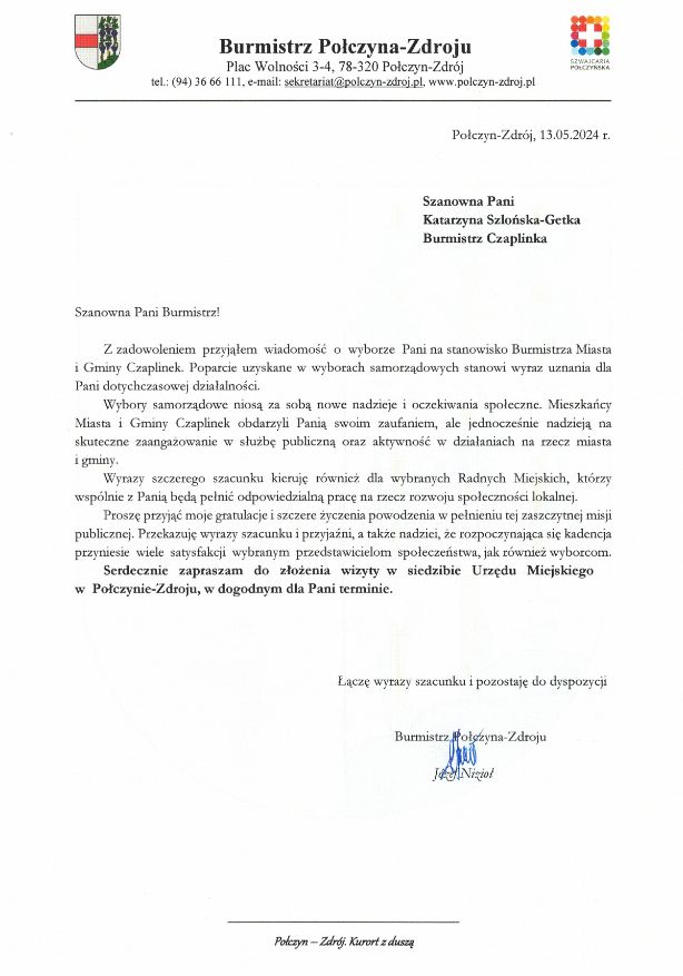 Gratulacje Burmistrza Połczyna Zdroju