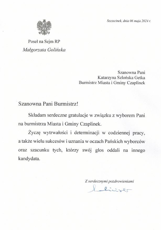 Gratulacje Małgorzaty Golińskiej posłanki na Sejm RP