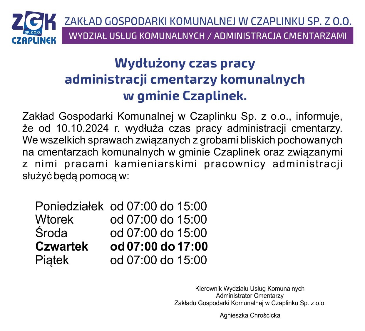 Wydłużenie czasu pracy administracji cmentarzy w gminie Czaplinek