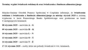 Terminy wypłat: świadczenia rodzinne i świadczenia z funduszu alimentacyjnego