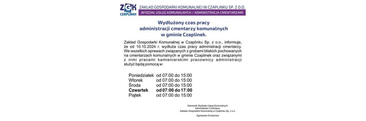 Wydłużenie czasu pracy administracji cmentarzy w gminie Czaplinek