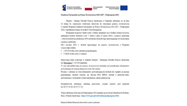 Fundusze Europejskie na Pomoc Żywnościową 2021-2027 - Podprogram 2024